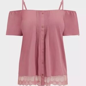 TORRID MAUVE Challis Cold Shoulder Button down blouse top 00 = 10 / 12 Large